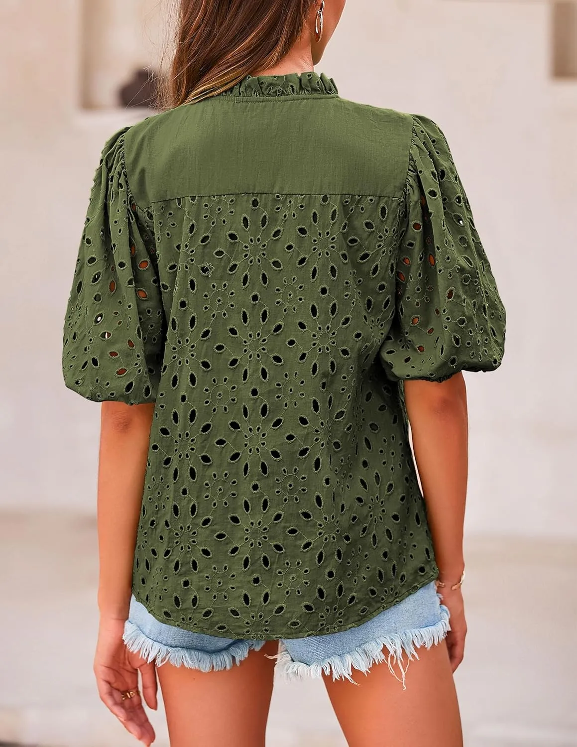 PRETTYGARDEN Women's Summer Tops 2025 Dressy Casual Short Sleeve V Neck Buttons Hollow Out Lace Embroidered Blouses Shirts