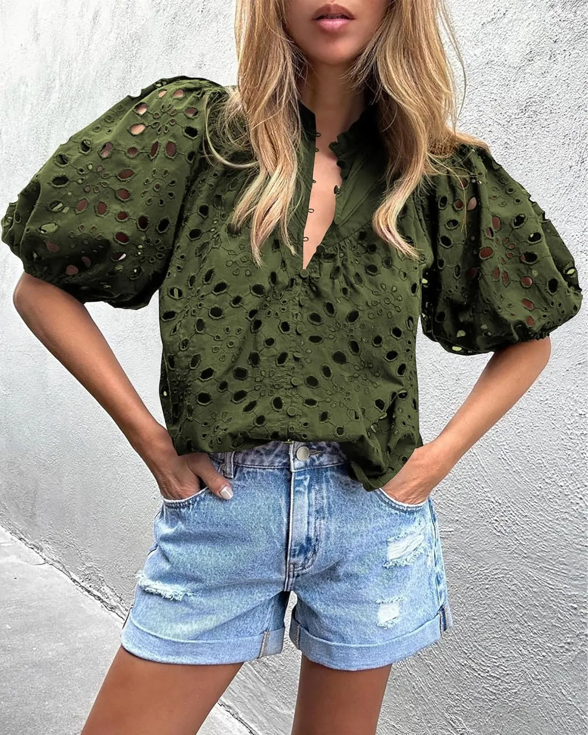 PRETTYGARDEN Women's Summer Tops 2025 Dressy Casual Short Sleeve V Neck Buttons Hollow Out Lace Embroidered Blouses Shirts