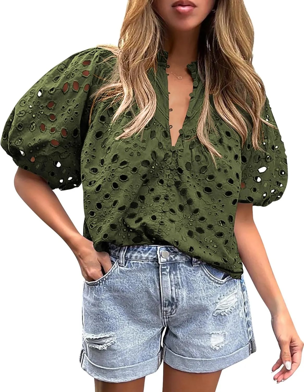 PRETTYGARDEN Women's Summer Tops 2025 Dressy Casual Short Sleeve V Neck Buttons Hollow Out Lace Embroidered Blouses Shirts