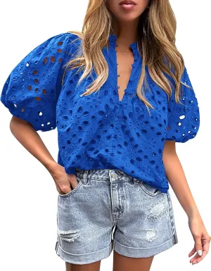 PRETTYGARDEN Women's Summer Tops 2025 Dressy Casual Short Sleeve V Neck Buttons Hollow Out Lace Embroidered Blouses Shirts