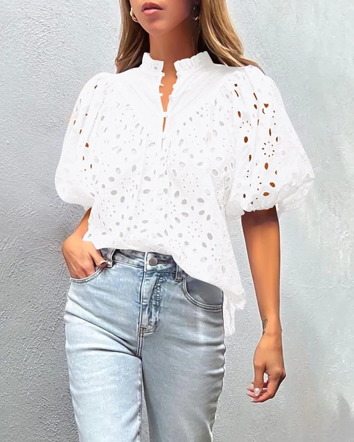 PRETTYGARDEN Women's Summer Tops 2025 Dressy Casual Short Sleeve V Neck Buttons Hollow Out Lace Embroidered Blouses Shirts