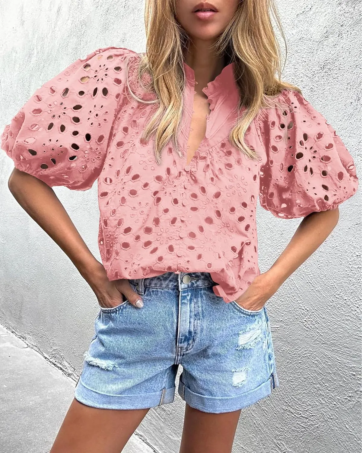 PRETTYGARDEN Women's Summer Tops 2025 Dressy Casual Short Sleeve V Neck Buttons Hollow Out Lace Embroidered Blouses Shirts