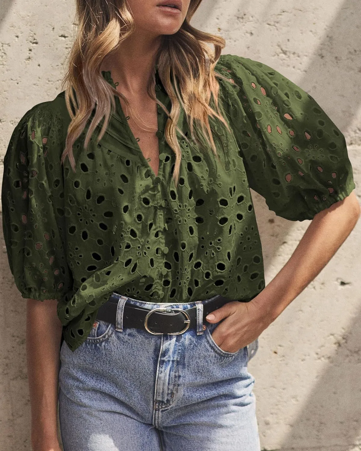 PRETTYGARDEN Women's Summer Tops 2025 Dressy Casual Short Sleeve V Neck Buttons Hollow Out Lace Embroidered Blouses Shirts