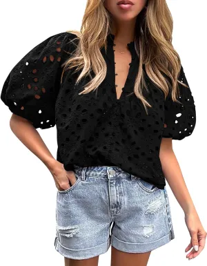 PRETTYGARDEN Women's Summer Tops 2025 Dressy Casual Short Sleeve V Neck Buttons Hollow Out Lace Embroidered Blouses Shirts