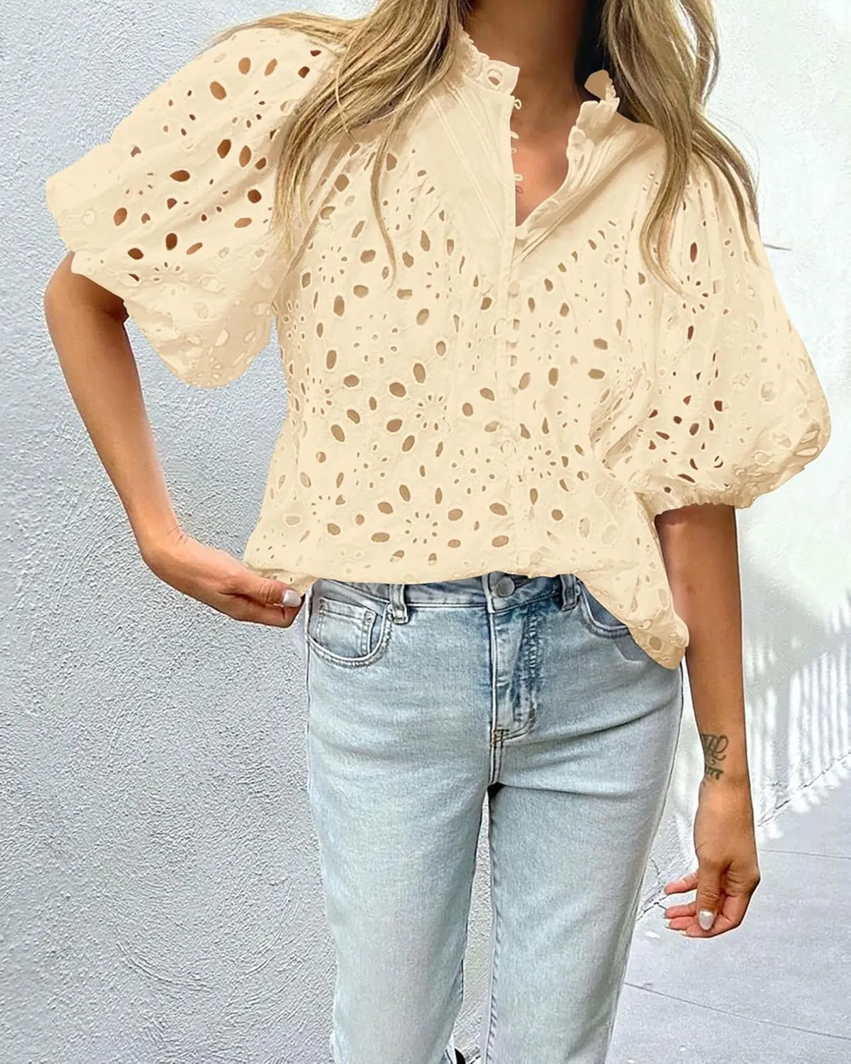 PRETTYGARDEN Women's Summer Tops 2025 Dressy Casual Short Sleeve V Neck Buttons Hollow Out Lace Embroidered Blouses Shirts