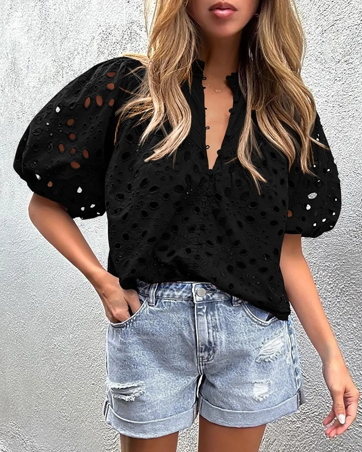 PRETTYGARDEN Women's Summer Tops 2025 Dressy Casual Short Sleeve V Neck Buttons Hollow Out Lace Embroidered Blouses Shirts