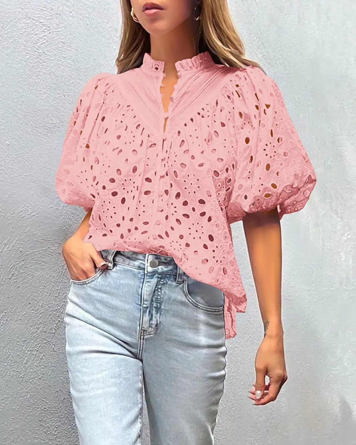 PRETTYGARDEN Women's Summer Tops 2025 Dressy Casual Short Sleeve V Neck Buttons Hollow Out Lace Embroidered Blouses Shirts