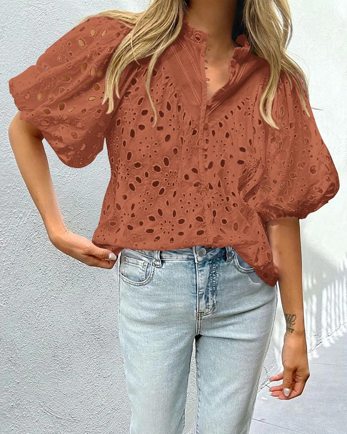 PRETTYGARDEN Women's Summer Tops 2025 Dressy Casual Short Sleeve V Neck Buttons Hollow Out Lace Embroidered Blouses Shirts