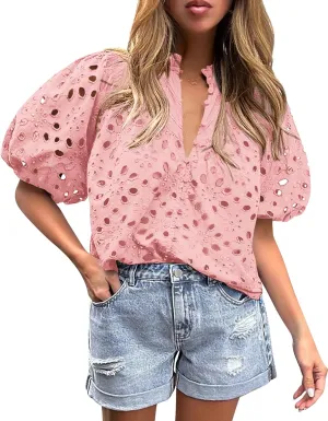 PRETTYGARDEN Women's Summer Tops 2025 Dressy Casual Short Sleeve V Neck Buttons Hollow Out Lace Embroidered Blouses Shirts