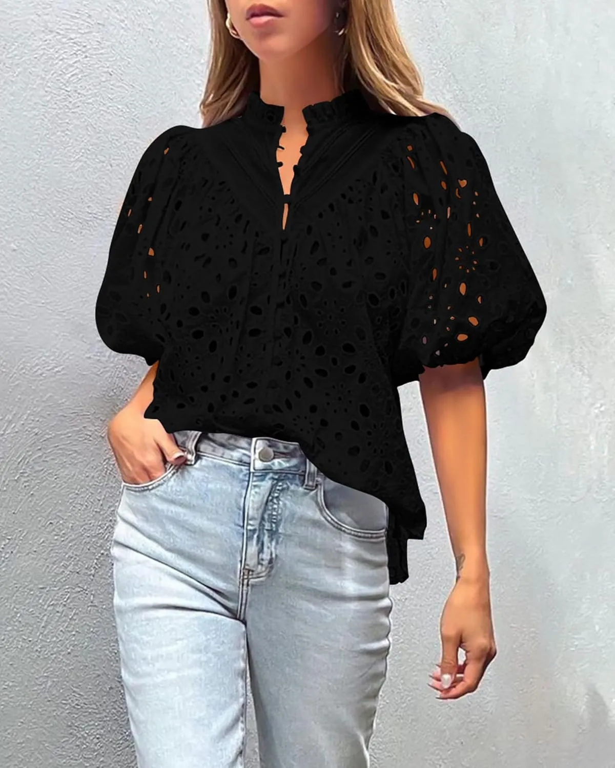 PRETTYGARDEN Women's Summer Tops 2025 Dressy Casual Short Sleeve V Neck Buttons Hollow Out Lace Embroidered Blouses Shirts