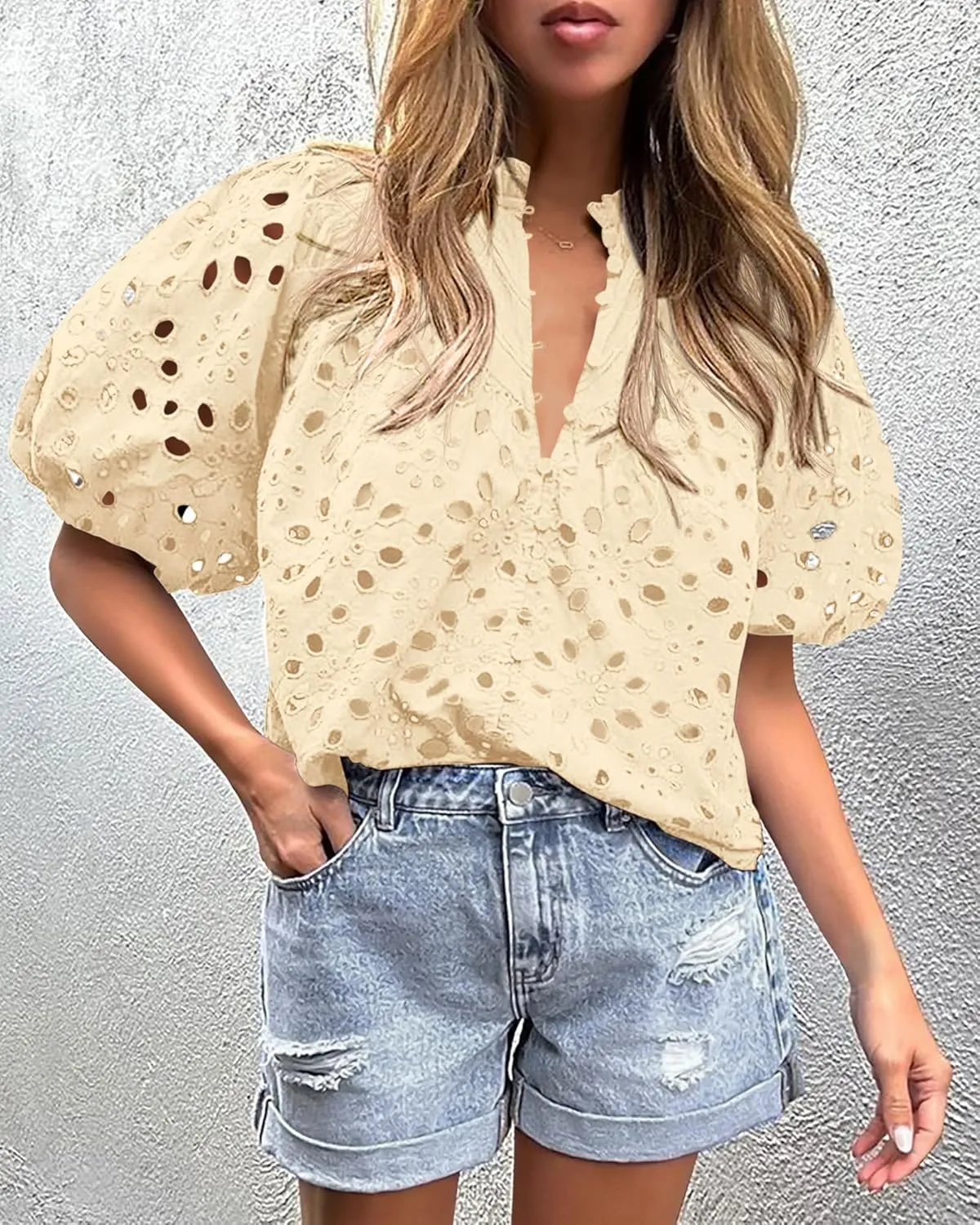 PRETTYGARDEN Women's Summer Tops 2025 Dressy Casual Short Sleeve V Neck Buttons Hollow Out Lace Embroidered Blouses Shirts