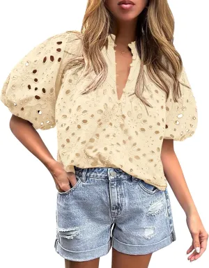 PRETTYGARDEN Women's Summer Tops 2025 Dressy Casual Short Sleeve V Neck Buttons Hollow Out Lace Embroidered Blouses Shirts