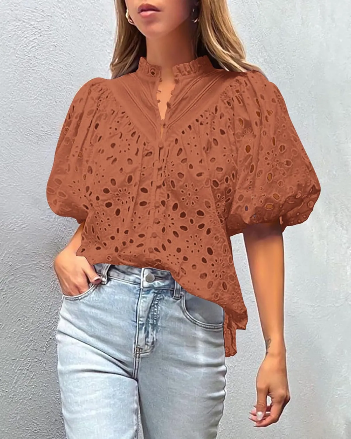 PRETTYGARDEN Women's Summer Tops 2025 Dressy Casual Short Sleeve V Neck Buttons Hollow Out Lace Embroidered Blouses Shirts