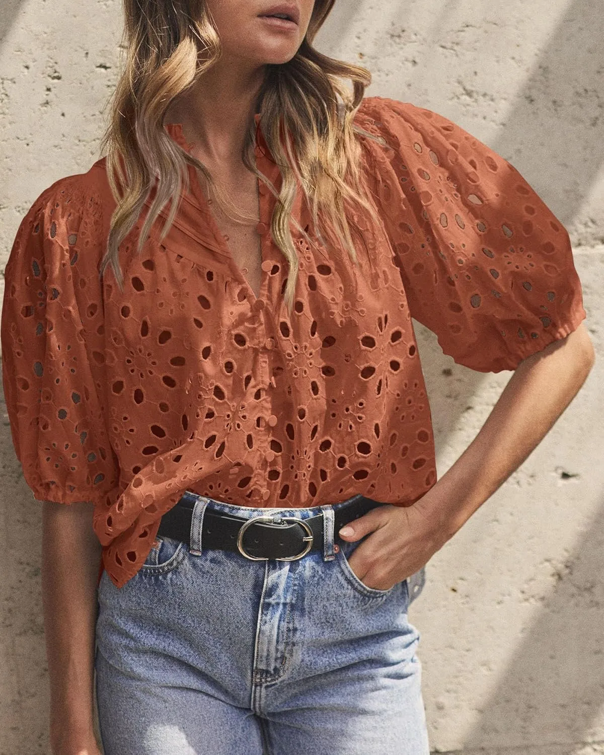 PRETTYGARDEN Women's Summer Tops 2025 Dressy Casual Short Sleeve V Neck Buttons Hollow Out Lace Embroidered Blouses Shirts