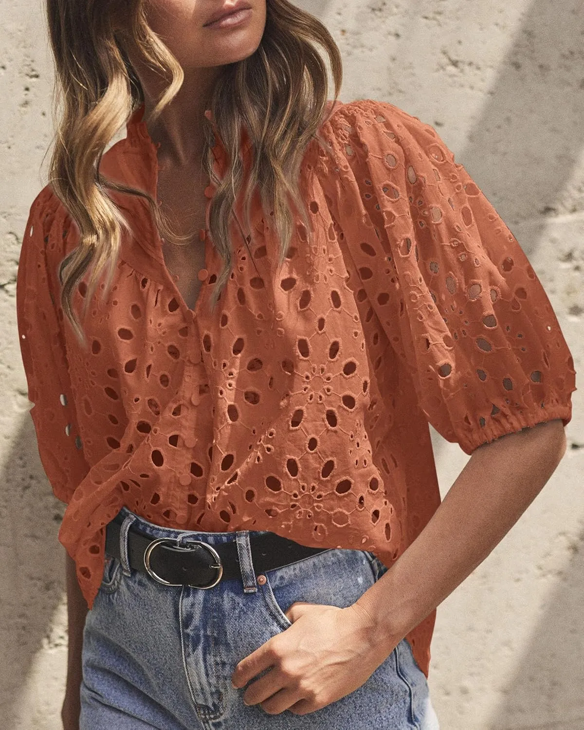 PRETTYGARDEN Women's Summer Tops 2025 Dressy Casual Short Sleeve V Neck Buttons Hollow Out Lace Embroidered Blouses Shirts