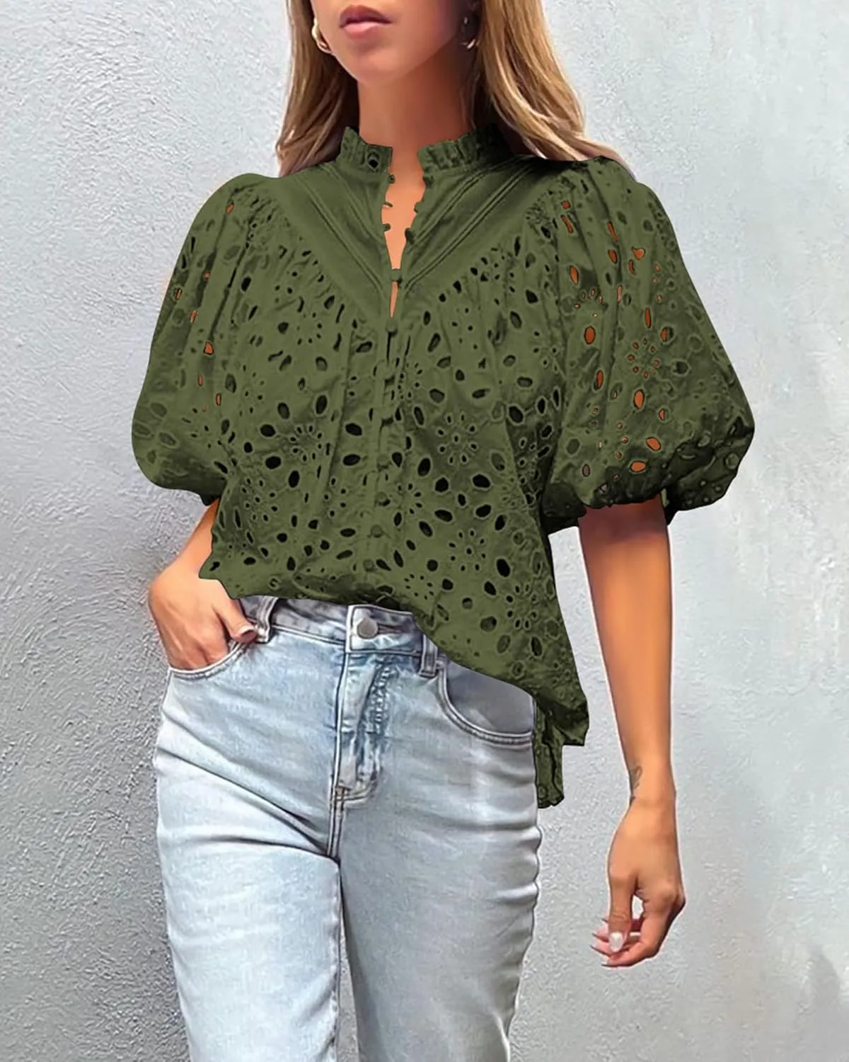 PRETTYGARDEN Women's Summer Tops 2025 Dressy Casual Short Sleeve V Neck Buttons Hollow Out Lace Embroidered Blouses Shirts