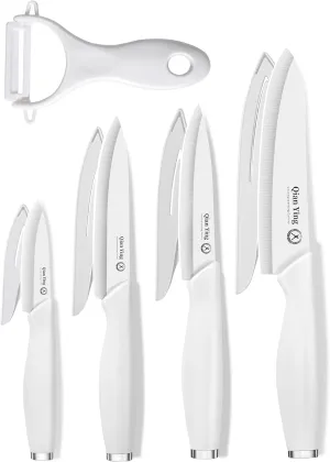 Pure Ceramic Knife Set for Kitchen with Sheath 9Pcs: 100% Zirconia Ceramic Sharp Blade Fruit Cutting Knives with Cover Rustproof Clean Cut Edge White Handle