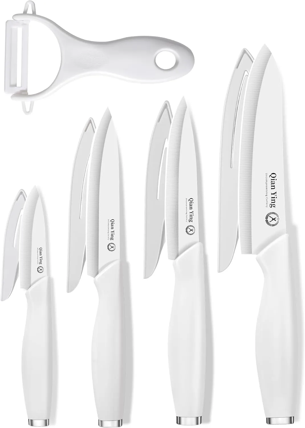 Pure Ceramic Knife Set for Kitchen with Sheath 9Pcs: 100% Zirconia Ceramic Sharp Blade Fruit Cutting Knives with Cover Rustproof Clean Cut Edge White Handle