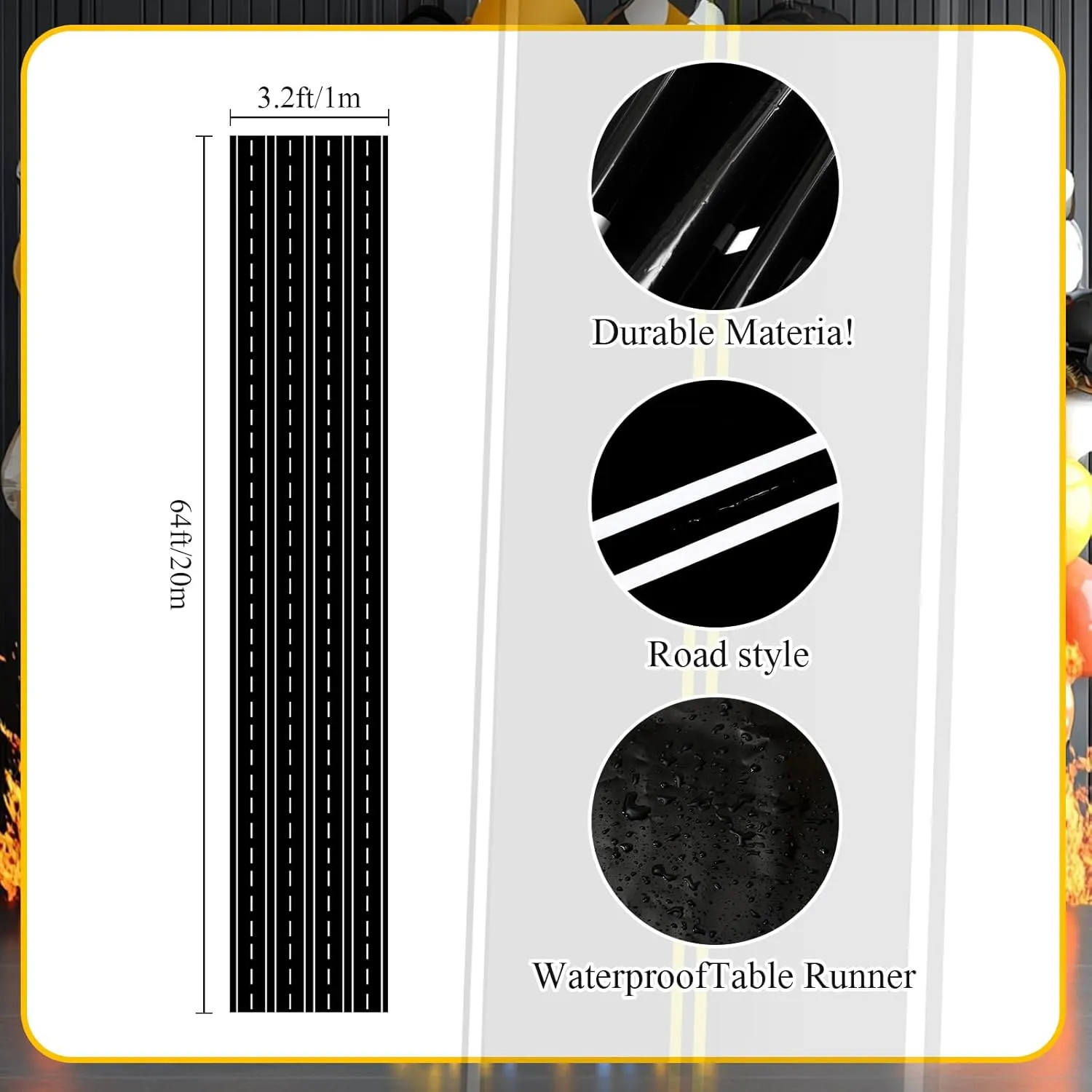 Racetrack Floor Running Mat Black Racing Car Party Decorations Racer Long Racetrack Road Tablecloth Runner Drag for Racing Theme Birthday Games Party (3.28 x 65.6 ft)