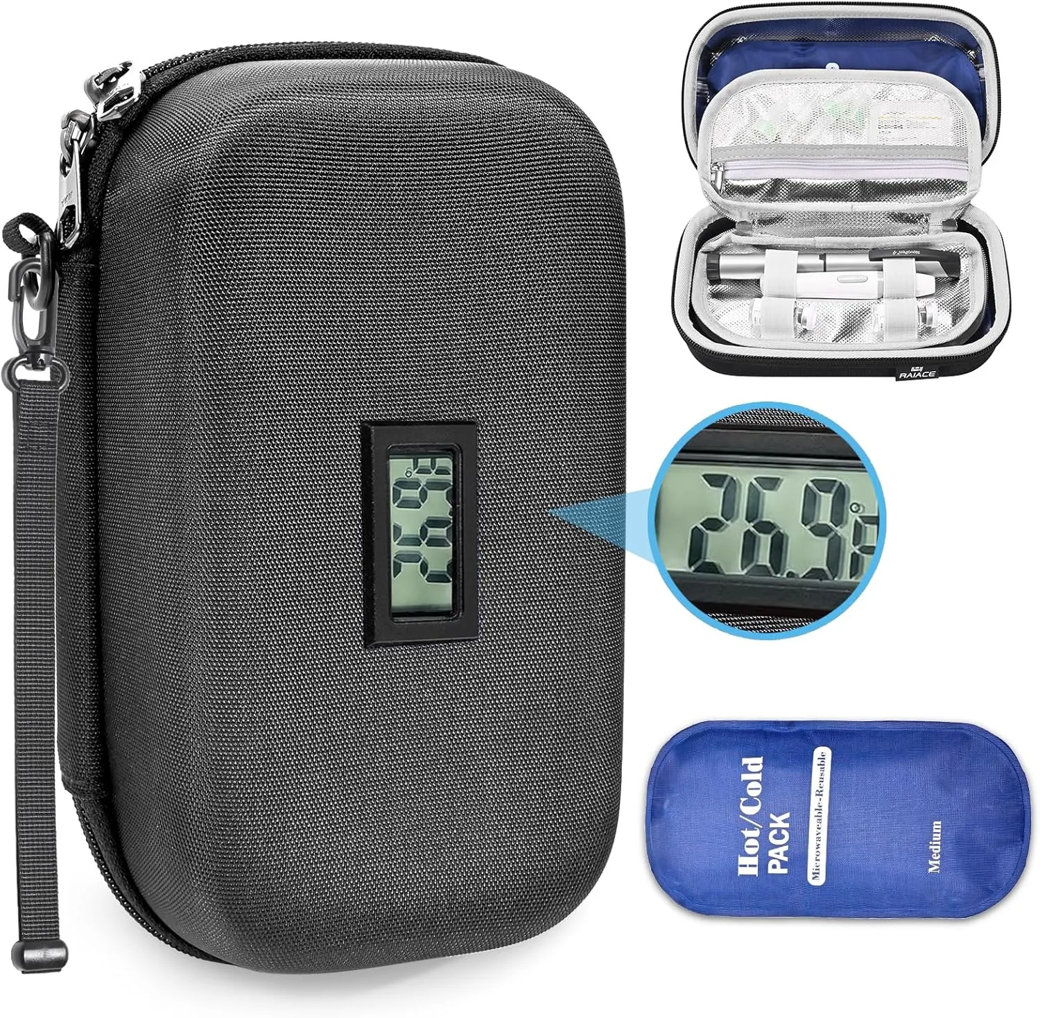 RAIACE Hard Storage Case Compatible with Insulin Pen, Portable Insulin Cooler Bag with Ice packs, Organizer Bag With 2 Ice Pack. (CASE ONLY!) - Black