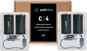 Rechargeable C Batteries with USB Charger by Pale Blue, Lithium Ion 1.5v 2800 mAh, Charges Under 3.5 Hours, Over 1000 Cycles, 2-in-1 USB to USB-C Charging Cable, LED Charge Indicator, 4-Pack