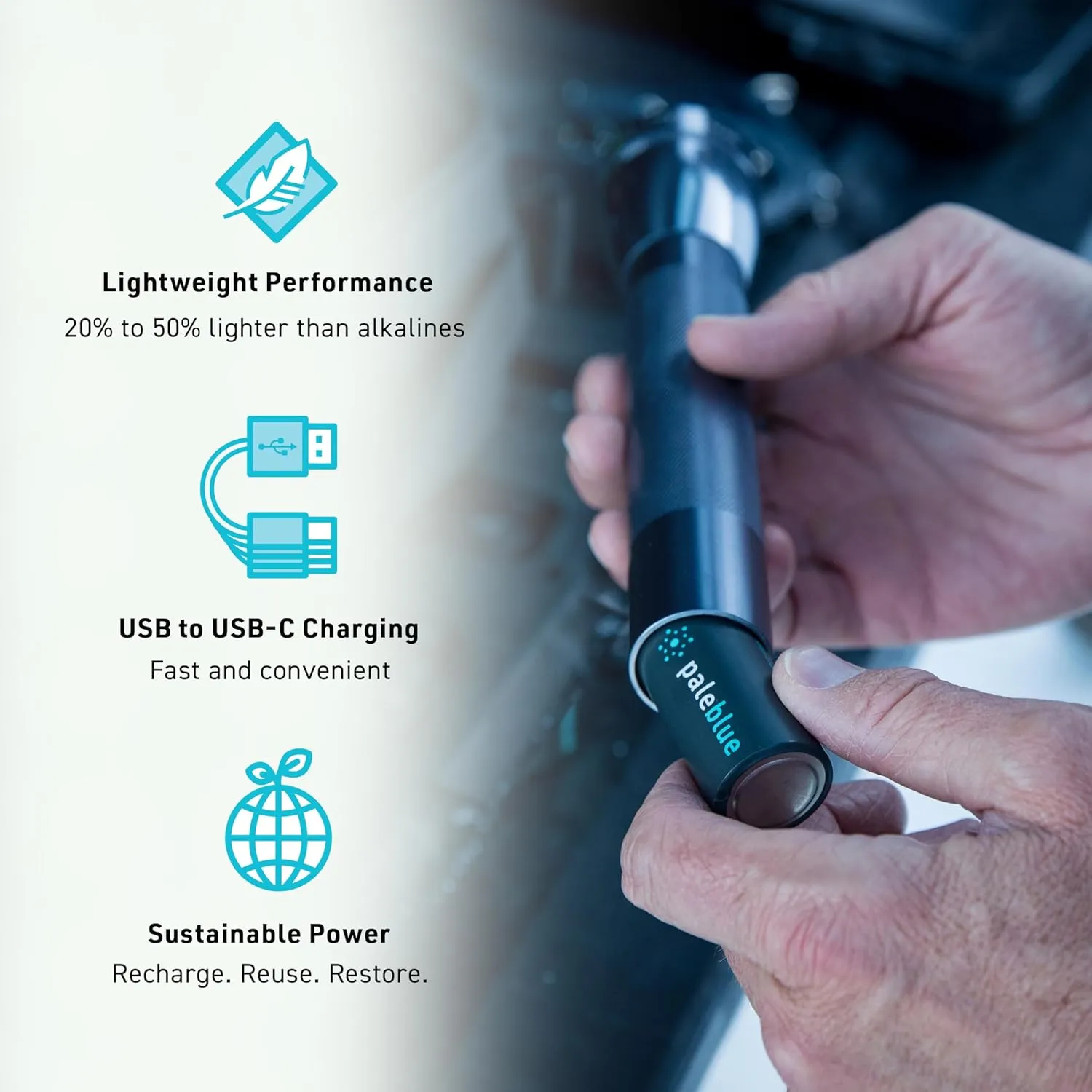 Rechargeable C Batteries with USB Charger by Pale Blue, Lithium Ion 1.5v 2800 mAh, Charges Under 3.5 Hours, Over 1000 Cycles, 2-in-1 USB to USB-C Charging Cable, LED Charge Indicator, 4-Pack