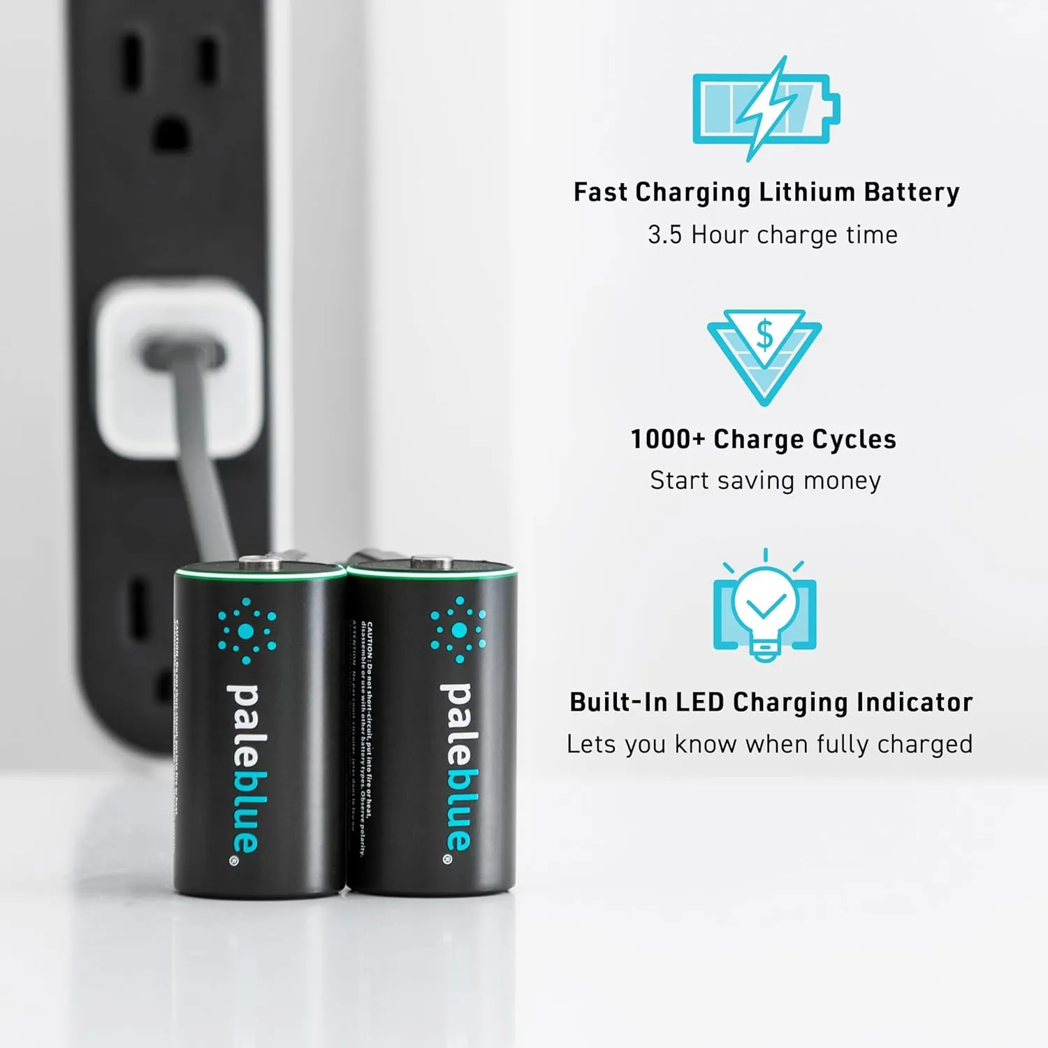 Rechargeable C Batteries with USB Charger by Pale Blue, Lithium Ion 1.5v 2800 mAh, Charges Under 3.5 Hours, Over 1000 Cycles, 2-in-1 USB to USB-C Charging Cable, LED Charge Indicator, 4-Pack