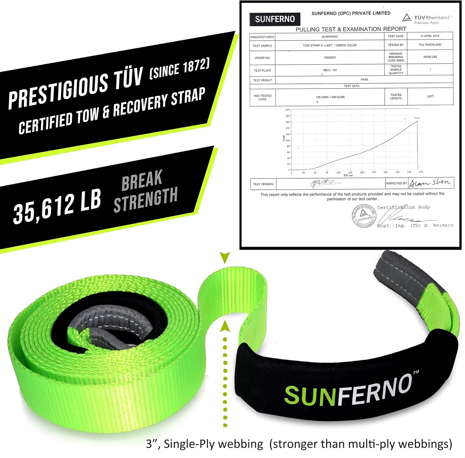 Recovery Tow Strap 35000lb Break Strength - Lab Tested Heavy Duty 3"x20' Winch Snatch Straps - Recover Your Vehicle Stuck in Mud/Snow - Protective Loops - Off Road Towing Rope Truck Accessory