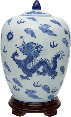 Red Lantern 11" Dragon Blue & White Porcelain Vase Jar