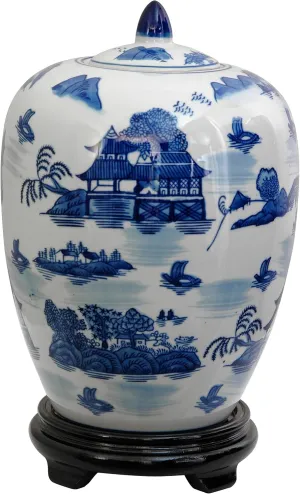 Red Lantern 11" Landscape Blue & White Porcelain Vase Jar