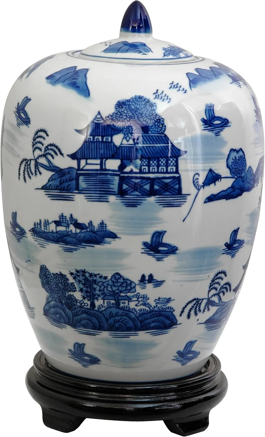 Red Lantern 11" Landscape Blue & White Porcelain Vase Jar