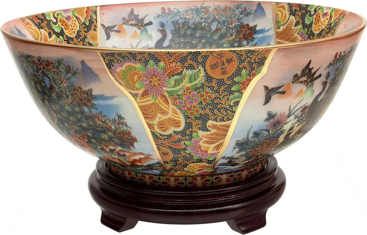 Red Lantern 14" Satsuma Ladies & Peacock Porcelain Bowl