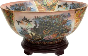 Red Lantern 14" Satsuma Ladies & Peacock Porcelain Bowl