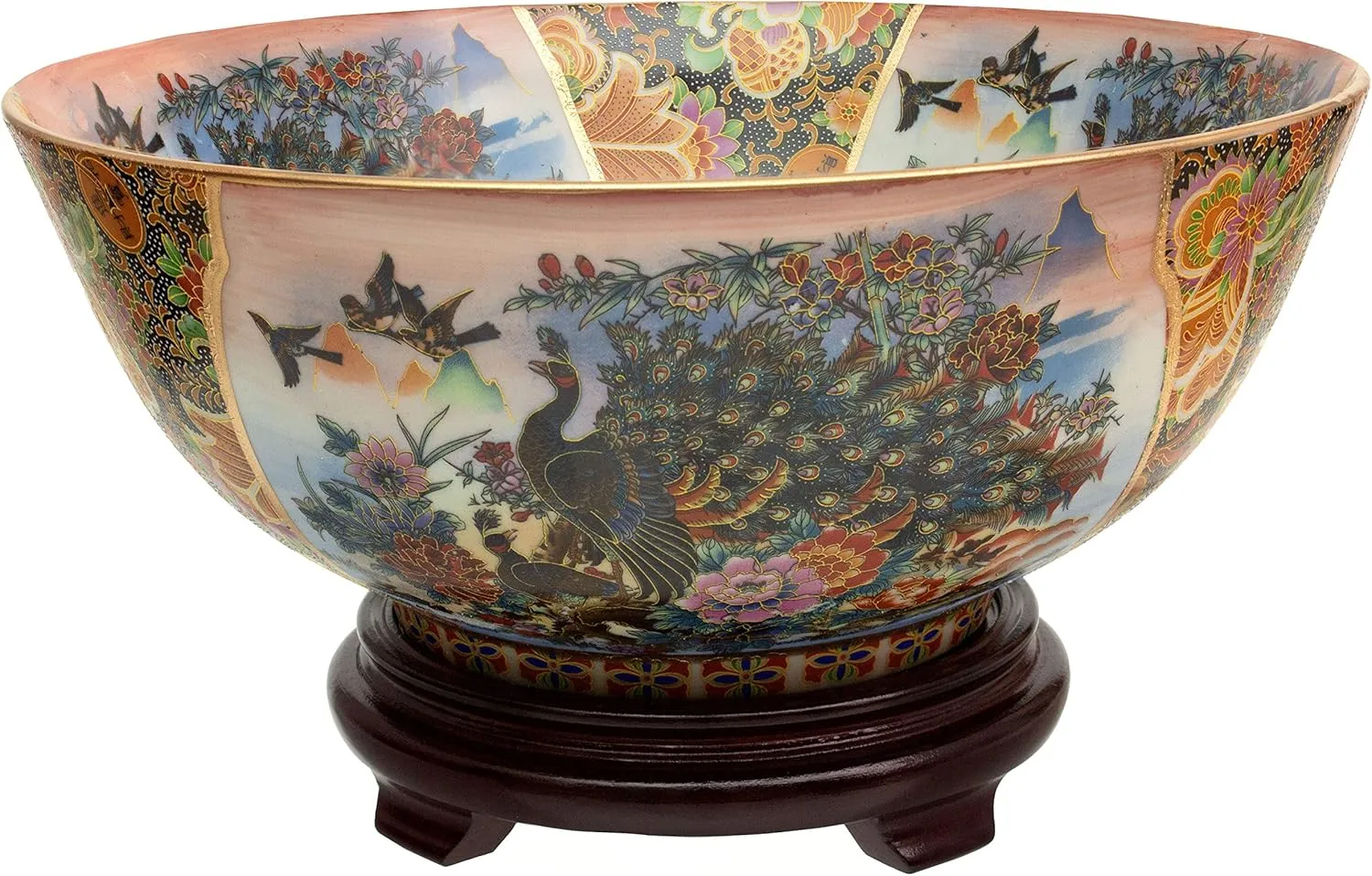 Red Lantern 14" Satsuma Ladies & Peacock Porcelain Bowl