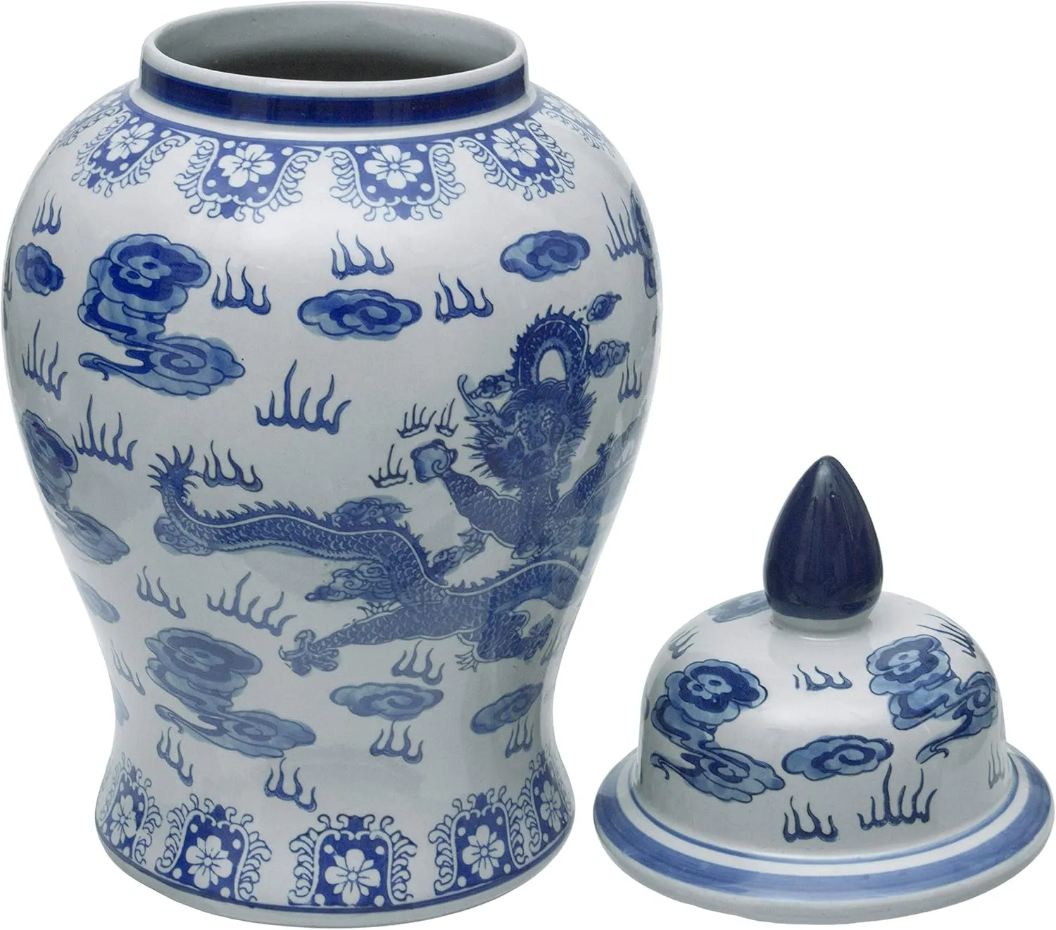 Red Lantern 18" Dragon Blue & White Porcelain Temple Jar