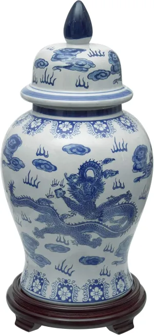 Red Lantern 18" Dragon Blue & White Porcelain Temple Jar