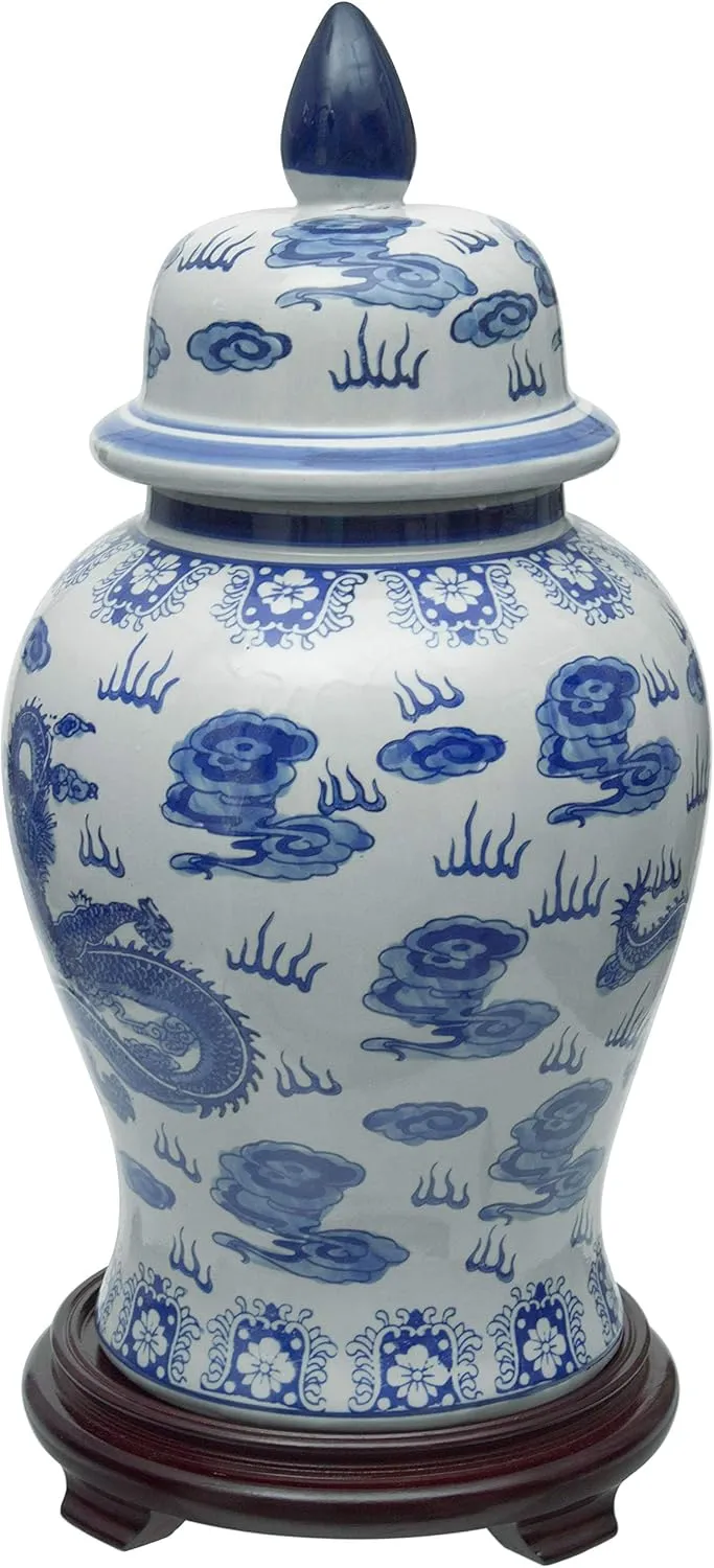 Red Lantern 18" Dragon Blue & White Porcelain Temple Jar