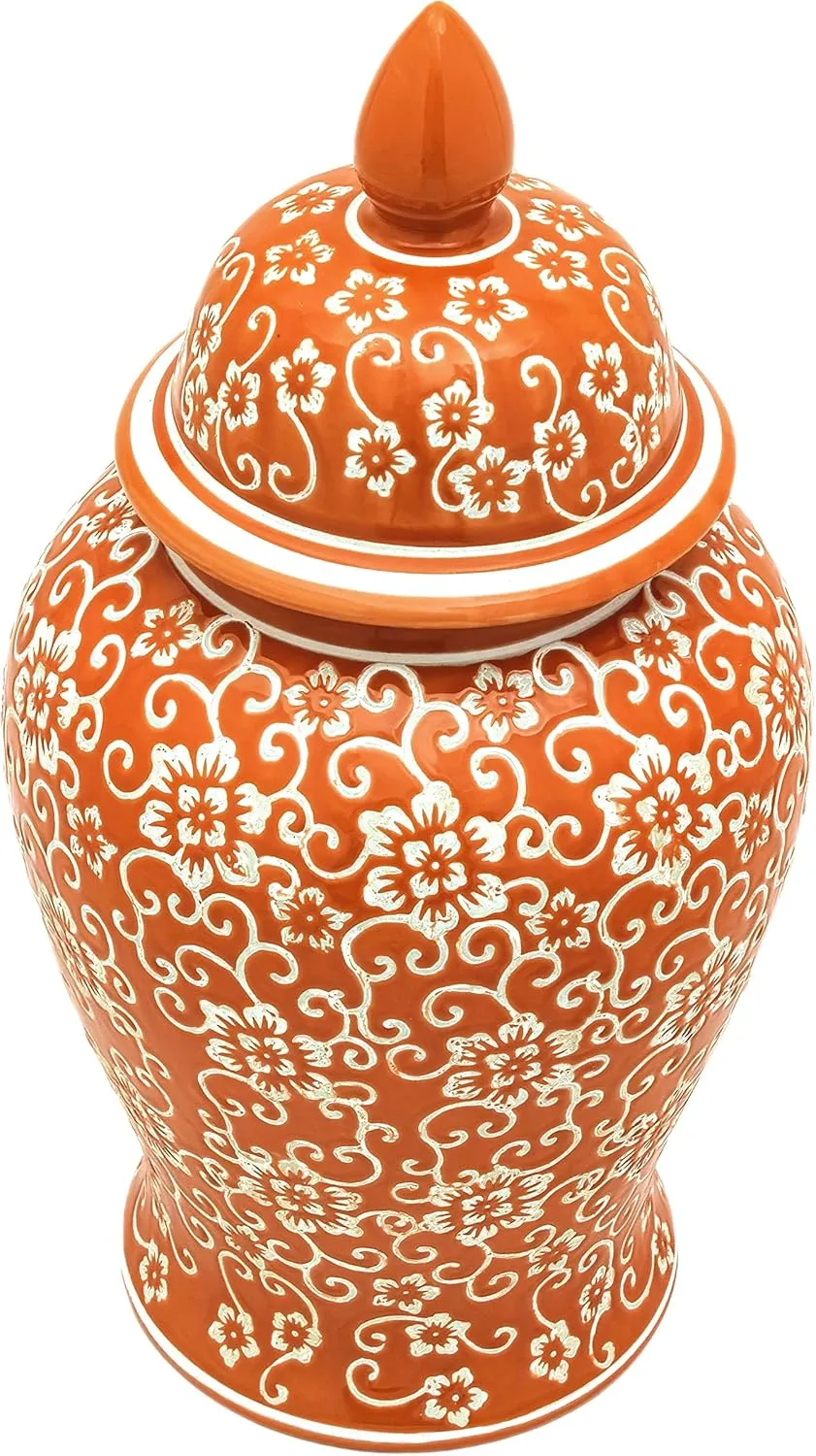 Red Lantern 18" White Flowers on Orange Temple Jar