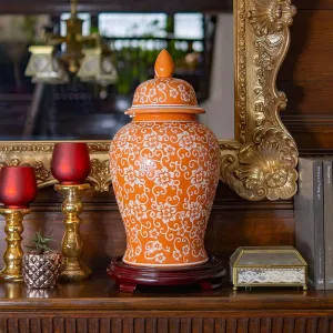 Red Lantern 18" White Flowers on Orange Temple Jar
