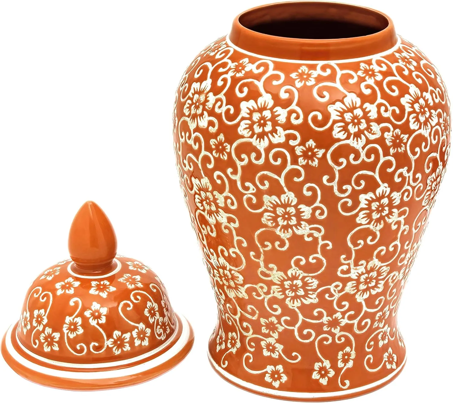 Red Lantern 18" White Flowers on Orange Temple Jar