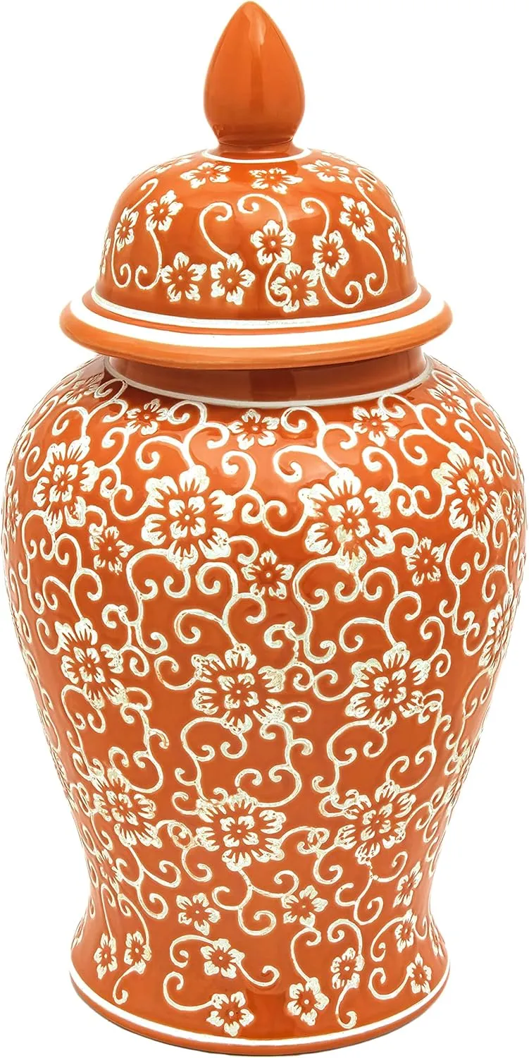 Red Lantern 18" White Flowers on Orange Temple Jar