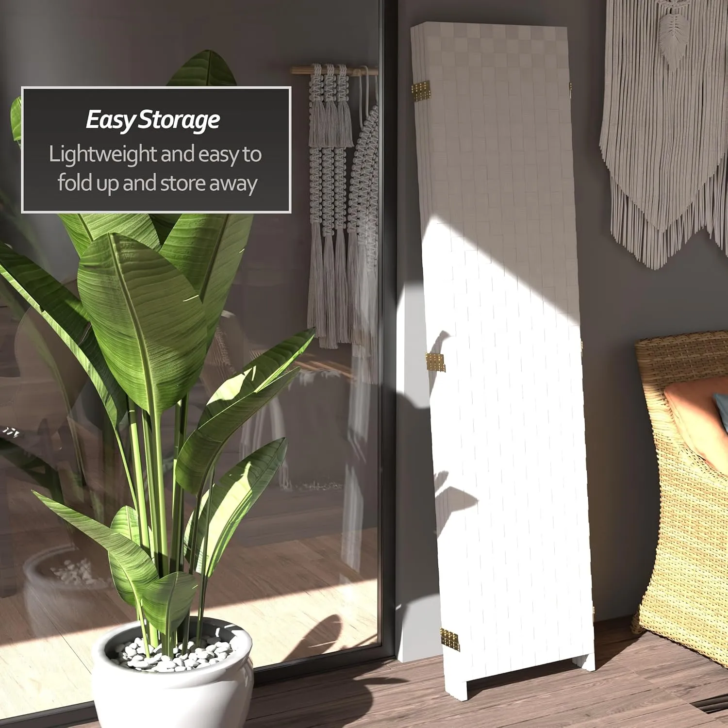 Red Lantern 6 ft. Tall Woven Fiber Outdoor All Weather 4 Panel-White Room Divider