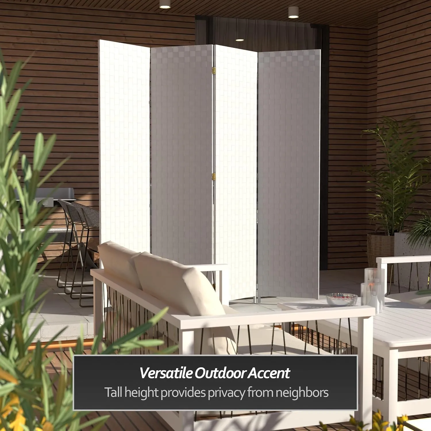 Red Lantern 6 ft. Tall Woven Fiber Outdoor All Weather 4 Panel-White Room Divider