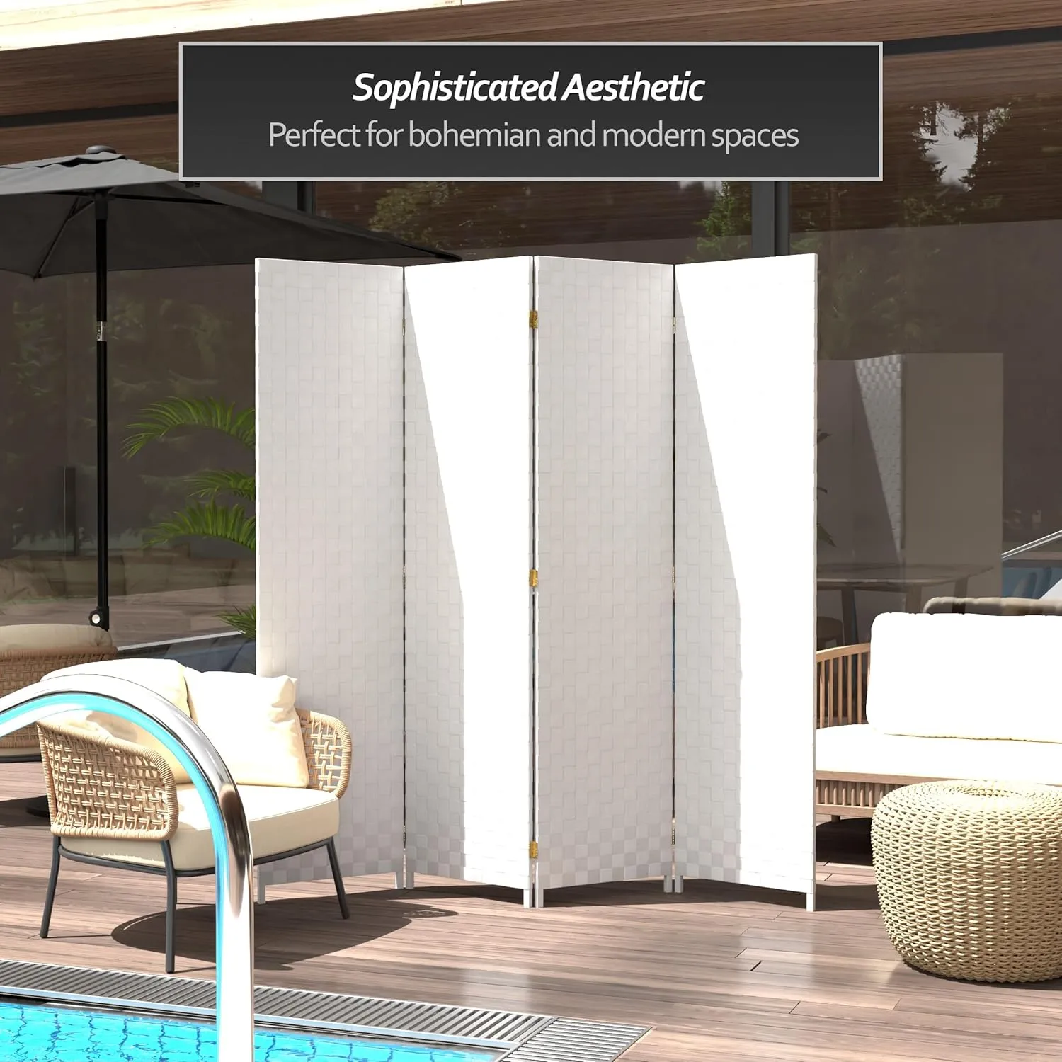 Red Lantern 6 ft. Tall Woven Fiber Outdoor All Weather 4 Panel-White Room Divider