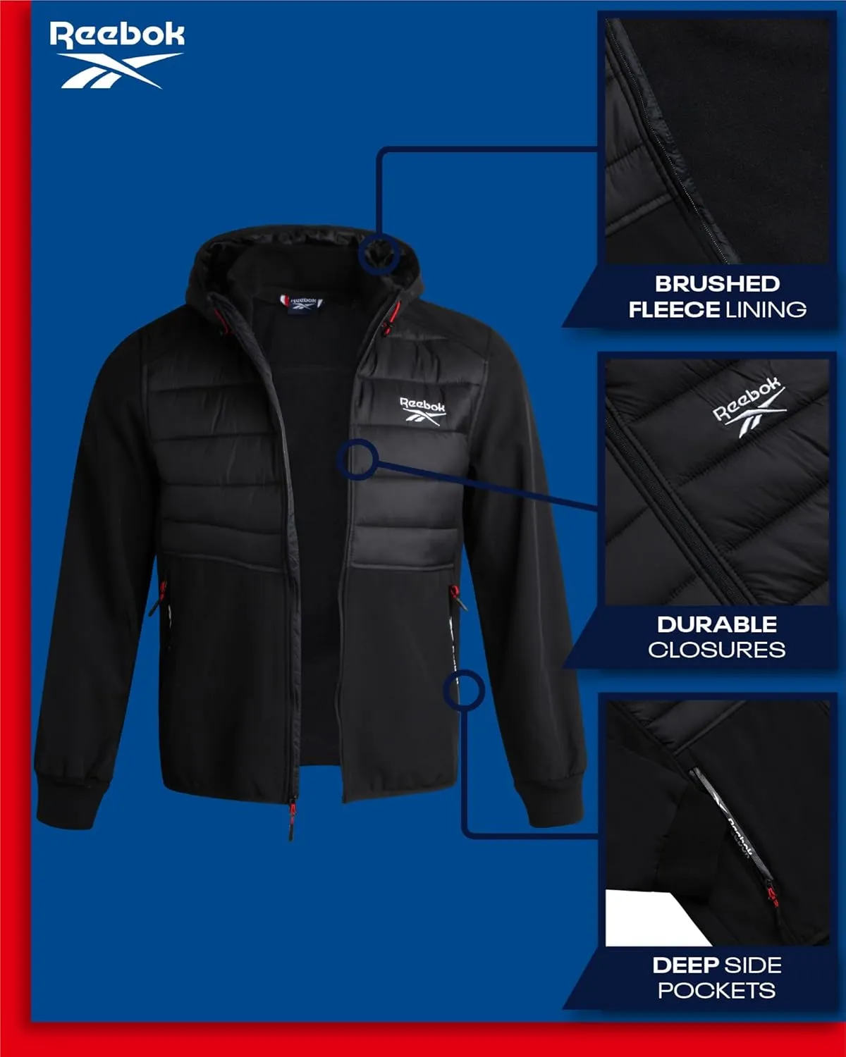 Reebok Men's Softshell Jacket - Lightweight Hooded Weather Resistant Jacket for Men with Nylon Quilted Chest (S-XXL)