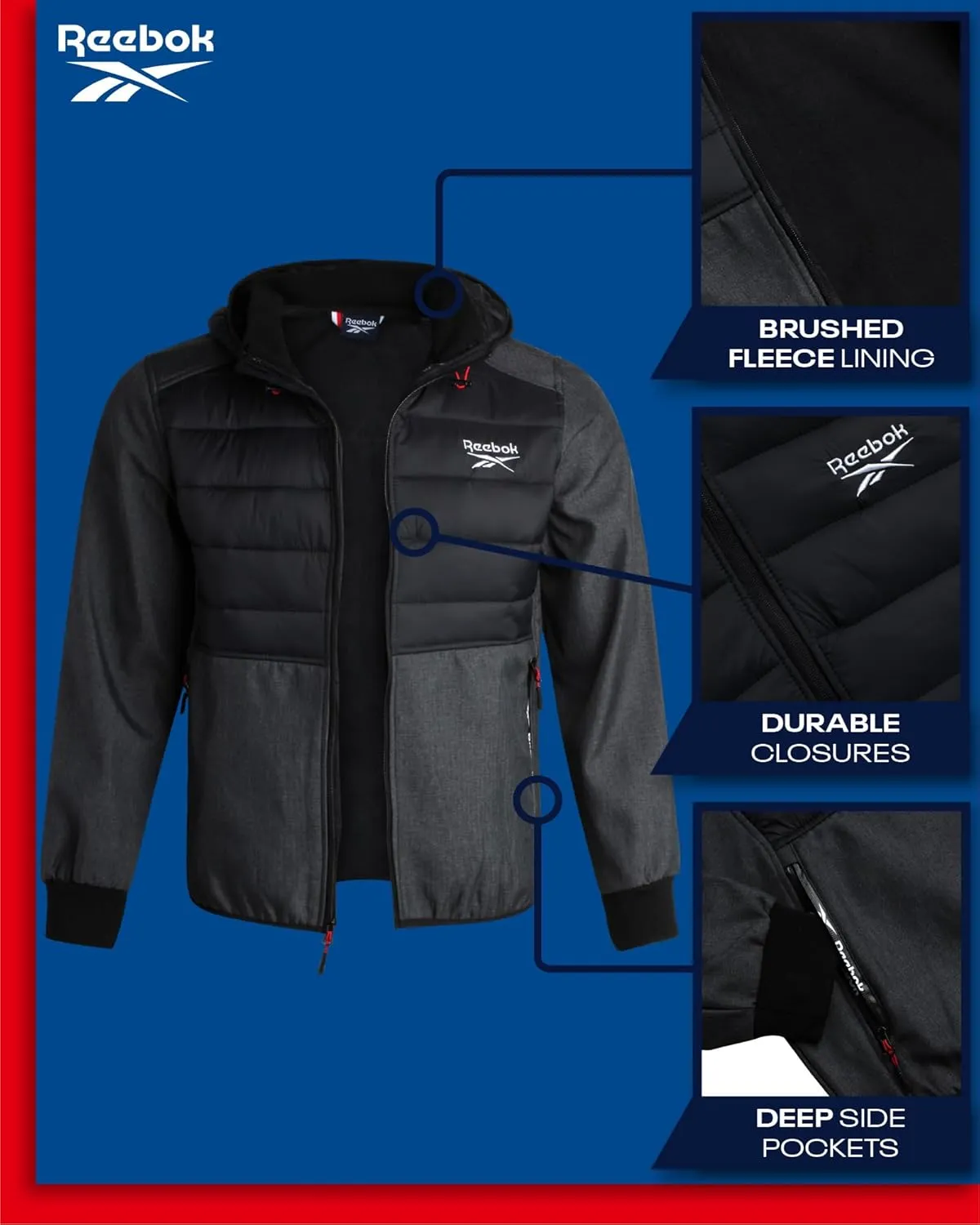 Reebok Men's Softshell Jacket - Lightweight Hooded Weather Resistant Jacket for Men with Nylon Quilted Chest (S-XXL)
