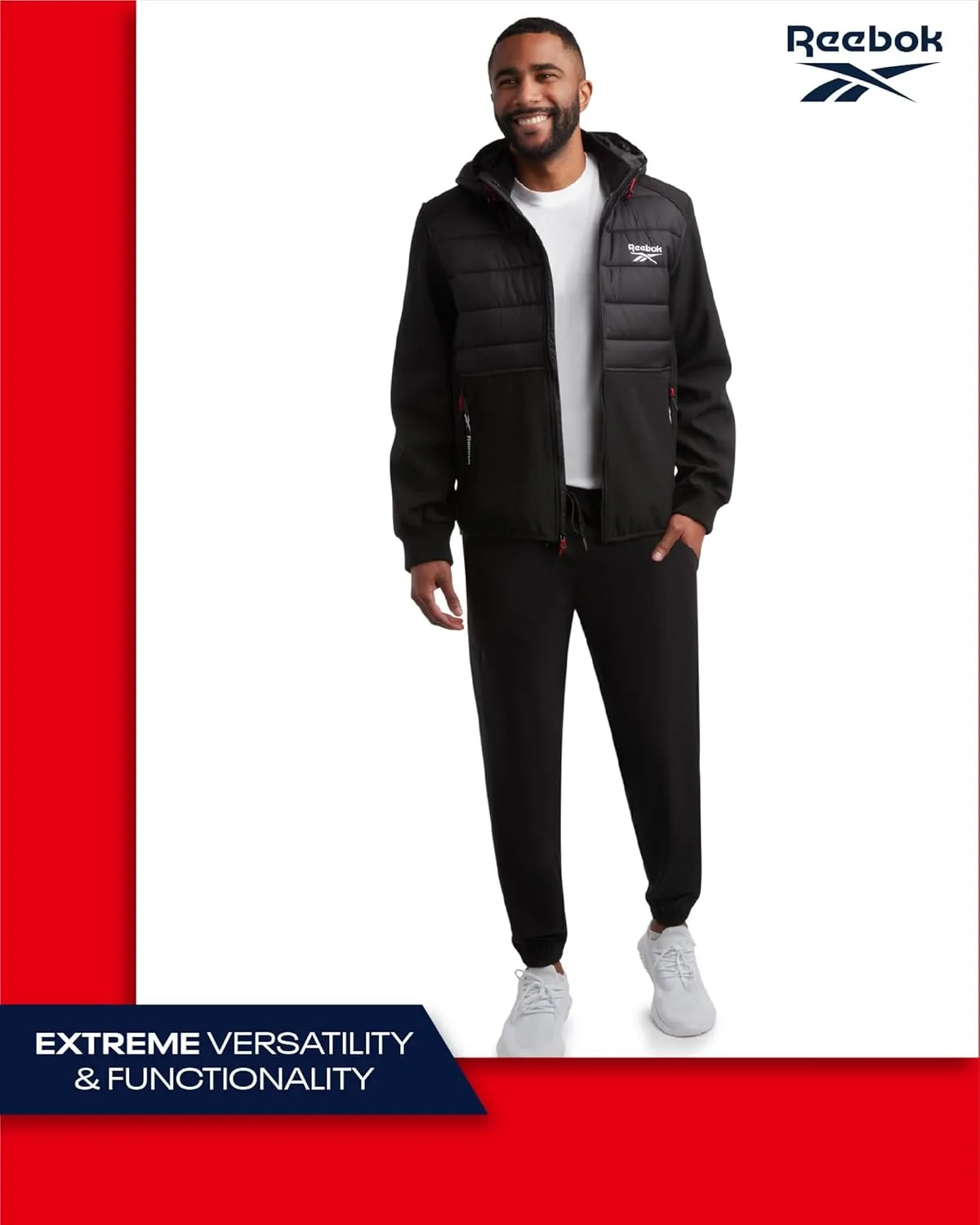 Reebok Men's Softshell Jacket - Lightweight Hooded Weather Resistant Jacket for Men with Nylon Quilted Chest (S-XXL)