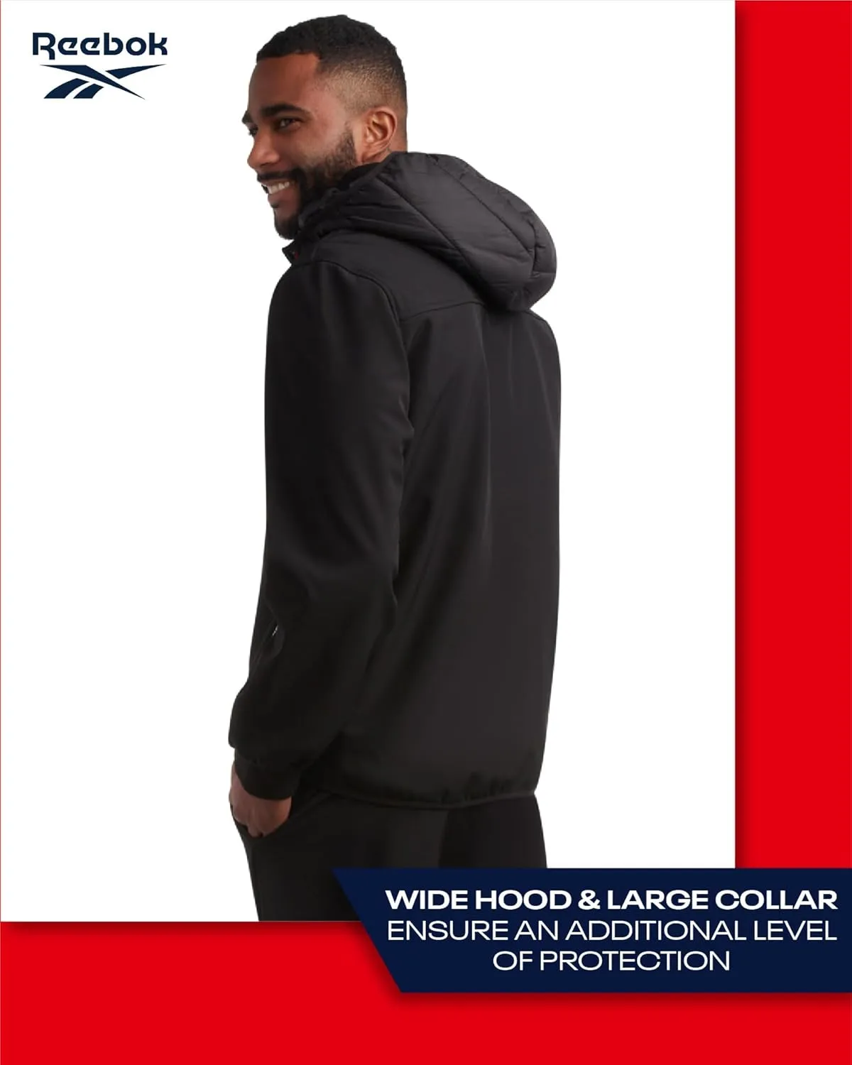 Reebok Men's Softshell Jacket - Lightweight Hooded Weather Resistant Jacket for Men with Nylon Quilted Chest (S-XXL)