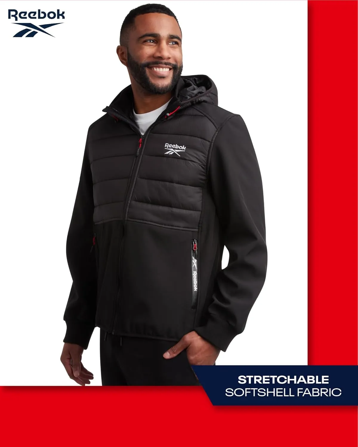 Reebok Men's Softshell Jacket - Lightweight Hooded Weather Resistant Jacket for Men with Nylon Quilted Chest (S-XXL)