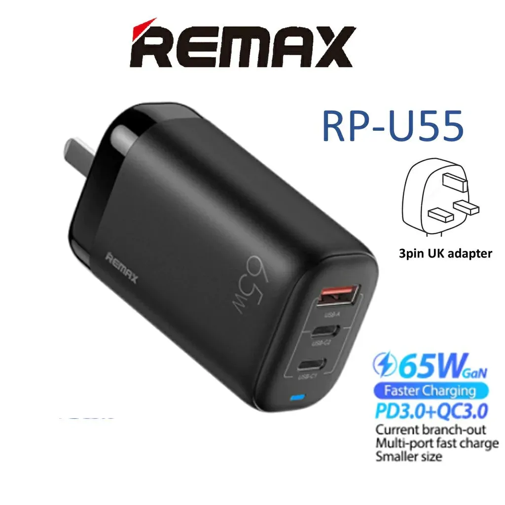 REMAX RP-U55 LIGIL SERIES 65W PD QC GAN MULTI COMPATIBLE FAST CHARGER ONLY (1USB/2 TYPE-C), GAN Charger, PD QC Charger
